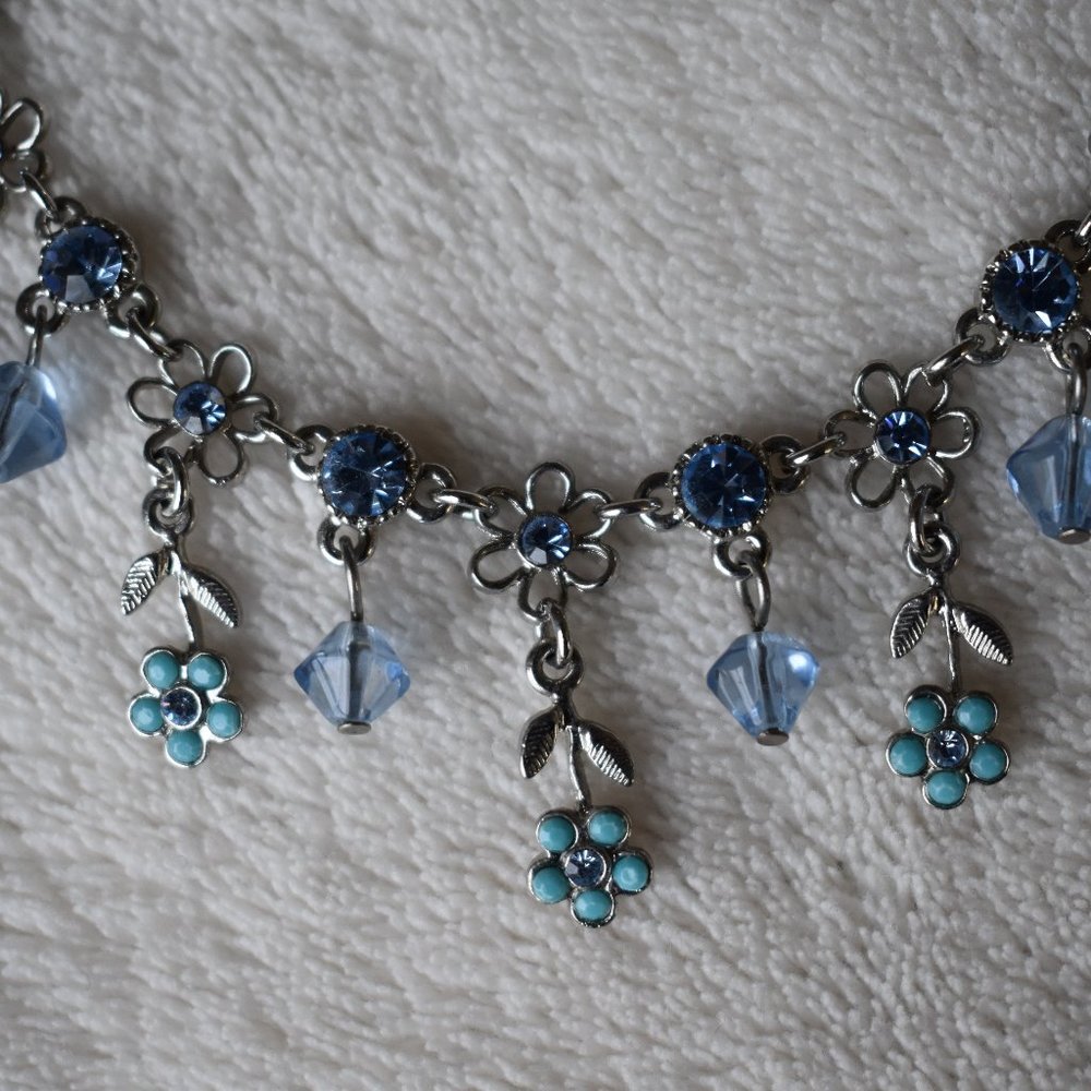 Cookie Lee Blue Flower Dangle Drip Necklace & Earrings Set